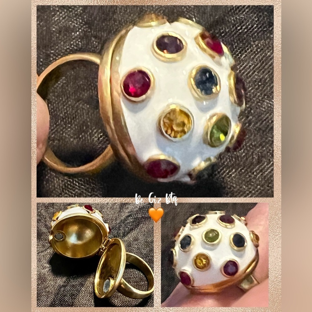 🆕Tory Burch Authentic Unique Locket Magnetic Ring White Enamel Colorful Stones